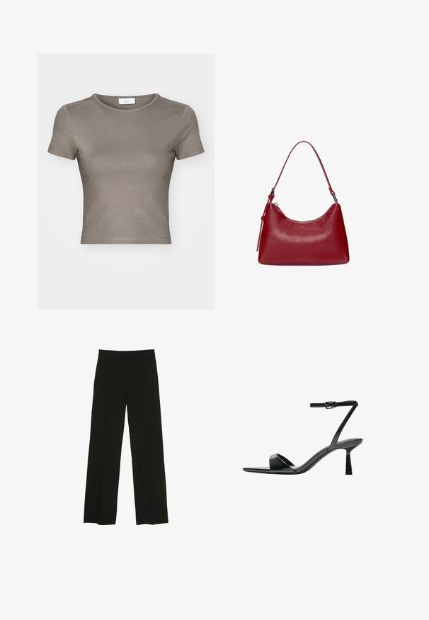 Kurzärmliges T-Shirt mit Rundhalsausschnitt in Taupe, aus glattem Baumwollstoff gefertigt. Verfügt über eine taillierte Passform und feine Nähte am Saum und den Ärmeln.; Schwarze weit geschnittene Hosen aus glattem Stoff, ausgestattet mit einem taillierten Bund und dezenten vorderen Falten für zusätzliche Struktur.; Bershka High Heel Sandalette - black; Rote Leder-Schultertasche mit einem geschwungenen Design, glatter Textur und einem Reißverschluss. Sie verfügt über einen dünnen Henkel zum Tragen.