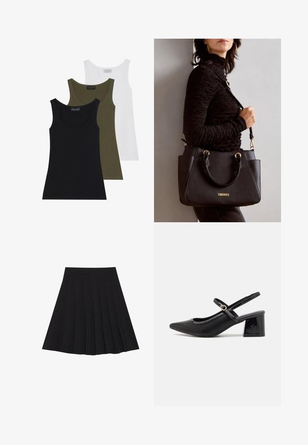 Tričko bez rukávov v čiernej, olivovo zelenej a bielej farbe. Mäkka tkanina s okrúhlym výstrihom, jednoduchý dizajn bez ozdôb.; Čierna plisovaná sukňa vyrobená z textúrovanej látky s priliehavým pásom. Padá do dĺžky po kolená a má hladký, čistý siluetu.; Čierne lakované kožené lodičky so slingback dizajnom, špicatou špičkou, zaobleným výrezom a blokovým podpätkom. Obsahuje akcent zlatého tónu s prackou.; Čierna kabelka s textúrovaným povrchom, dvojitými hornými rúčkami a nastaviteľným ramenným popruhom. Obsahuje zlaté kovanie a bočné vrecká.