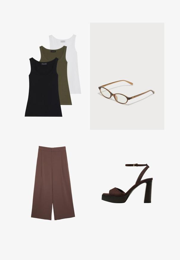 Tričko bez rukávov v čiernej, olivovo zelenej a bielej farbe. Mäkka tkanina s okrúhlym výstrihom, jednoduchý dizajn bez ozdôb.; Hnedé nohavice so širokými nohavicami a hladkou textúrou, s vysokým pásom a prednými skladmi. Tkanina je ľahká a voľne sa pohybuje.; Hnedé semišové sandále na vysokom podpätku s otvorenou špičkou, nastaviteľným členkovým remienkom a pruhovanou platformovou podrážkou.; Hnedé želvovinové okuliare s oválnymi sklíčkami, tenkými ramenami a priesvitnými akcentmi. Obsahujú jemný logo na stranici. Štýlový, ľahký dizajn.