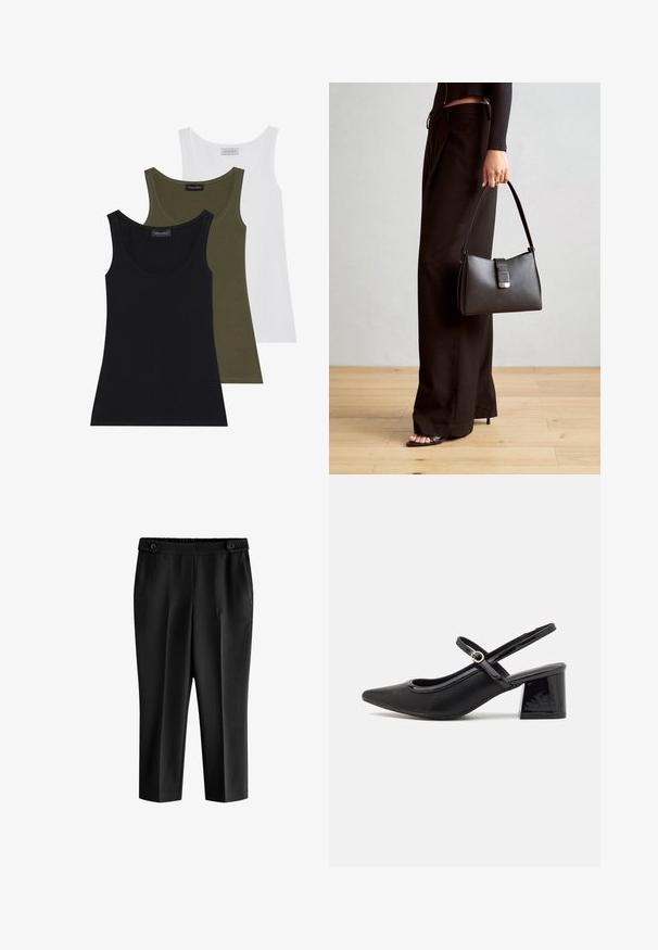 Tri majice bez rukava u crnoj, maslinastoj zelenoj i bijeloj boji. Mekana tkanina s okruglim izrezom, s jednostavnim dizajnom i bez ukrasa.; Crne skraćene hlače s opuštenim krojem, elastičnom waistbandom i dva prednja džepa. Tkanina ima glatku teksturu sa blago sjajnim završetkom.; Crne lakirane slingback visoke potpetice s šiljastim vrhom, zaobljenim izrezom i blok potpeticom. Sadrži akcent zlatnog tona s kopčom.; Crna torba s oblikom koji sadrži strukturu, glađu teksturu i metalnu kopču. Uparena s širokim crnim hlačama i sandalama na otvorenom s drvenog poda.