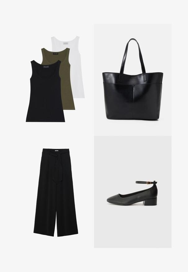 Tri tank topi v črni, olivno zeleni in beli barvi. Mehka tkanina s krožnim izrezom, ki ima preprost dizajn brez okrasnih elementov.; Črne široke hlače iz teksturirane tkanine, z elastičnim pasom in odstranljivim trakom na pasu za prilagodljivo prileganje.; Črne usnjene pumpice z nazobčanimi prsti in nizko blokasto peto. Imajo trak okoli gležnja z zaponko v zlatem tonu. Gladka tekstura.; Črna usnjena torba z dvema dolgima ročajema, gladko teksturo in strukturirano obliko. Ima sprednji žep za dodatno shranjevanje.
