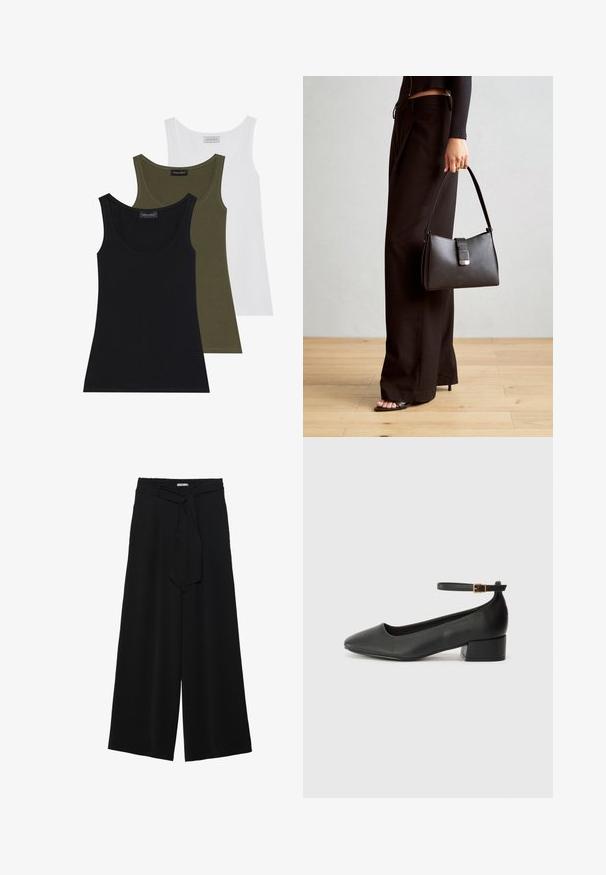 Drie tanktops in zwart, olijfgroen en wit. Zacht stof met een ronde hals, met een eenvoudig ontwerp en zonder versieringen.; Zwarte wijde broek van textuurstof, met een elastische tailleband en een afneembare sjaalstrik in de taille voor een verstelbare pasvorm.; Zwarte leren pump met een spitse neus en een lage blokhak. Beschikt over een enkelband met een goudkleurige gespsluiting. Gladde textuur.; Zwarte handtas met gestructureerde vorm, gladde textuur en een metalen sluiting. Gecombineerd met brede zwarte broeken en sandalen met open teen op een houten vloer.