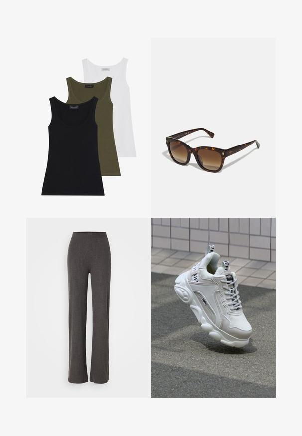 Drie tanktops in zwart, olijfgroen en wit. Zacht stof met een ronde hals, met een eenvoudig ontwerp en zonder versieringen.; Grijze geribbelde gebreide broek met een brede pijp en een elastische tailleband. De stof heeft een gestructureerde uitstraling en biedt een relaxte pasvorm.; Witte sneaker van mesh en leer, met een ronde neus, dikke zool, opvallende veters en merklogo op de hak en tong.; Schildpad vierkante zonnebril met verloopbruine lenzen, voorzien van gouden accenten op de veren en een dikke, glanzende brilrand.