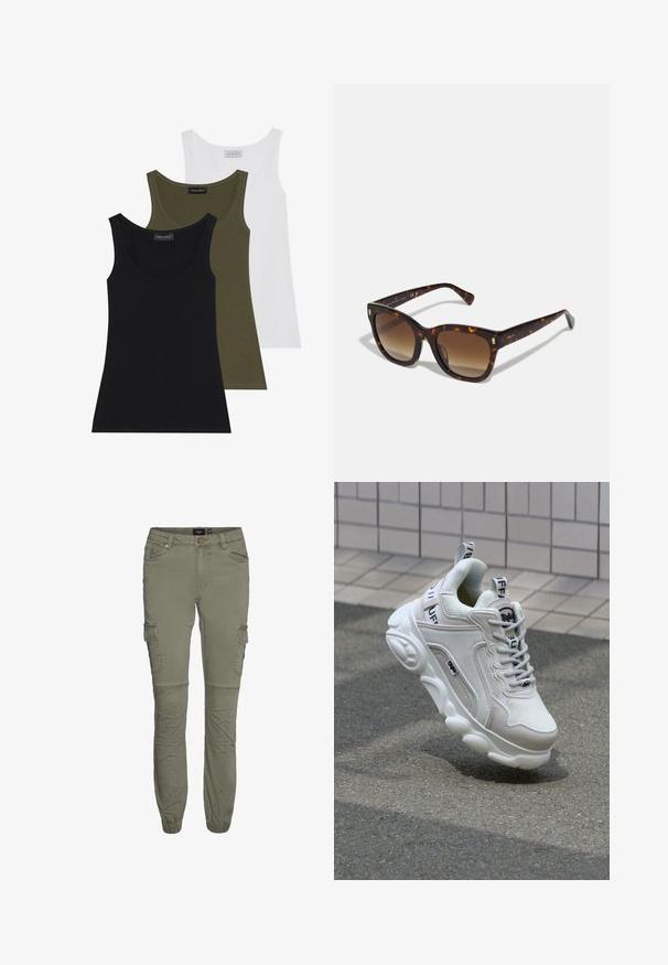 Tre canottiere nei colori nero, verde oliva e bianco. Tessuto morbido con scollo a U, caratterizzate da un design semplice e senza decorazioni.; Pantaloni cargo verde oliva in resistente misto cotone con polsini tapered, numerose tasche e pieghe sulle ginocchia per una maggiore mobilità.; Sneaker bianco realizzato in materiali mesh e pelle, con punta arrotondata, suola spessa, lacci prominenti e marchio sul tallone e sulla linguetta.; Occhiali da sole quadrati in tartaruga con lenti gradientate marroni, caratterizzati da dettagli dorati sulle tempie e una montatura spessa e lucida.