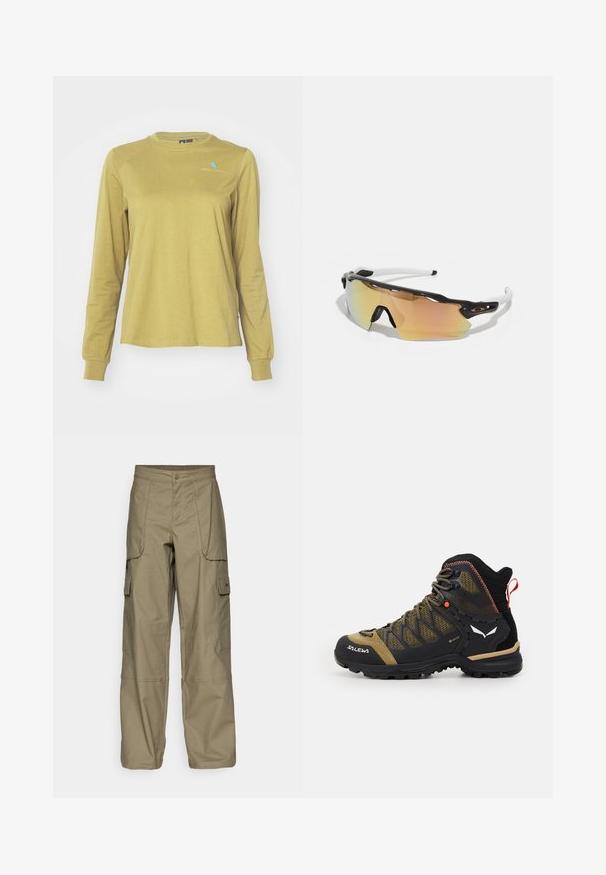 Klättermusen ROOT LOGO TEE - Topper langermet - meadow green; Cargo bukser i olivengrønt stof, med en løs pasform, flere sidelommer og en knaplukning i taljen. Glat tekstur.; Mellomhøy fjellstøvler i svart og olivengrønn, med nettingoverdel, gummisåle og teksturerte detaljer samt en baksleppe.; Solbriller med svart og hvit ramme, store speil-linser i gull- og rosa nyanser, aerodynamisk design og utvidet ytterkant.