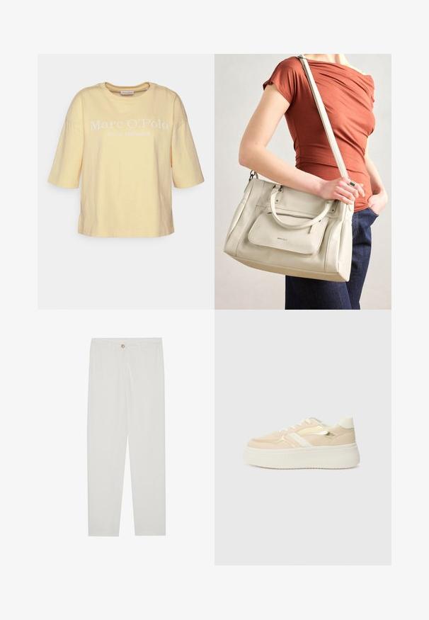 Marc O'Polo ROUND NECK - T-shirt estampada - milky vanilla; Calças brancas, ajustadas, com um design de perna reta, apresentando um fecho de botão, passantes para cinto e bolsos laterais; textura de tecido suave.; Sapatilhas plataformas bege com sola branca. Apresentam detalhes em dourado metálico e uma textura suave. Design com atacadores e bico arredondado.; Bolsa de couro branca com alças duplas e uma alça destacável, apresentando um bolso frontal com fecho e textura suave. A bolsa está a ser carregada no braço de uma pessoa.