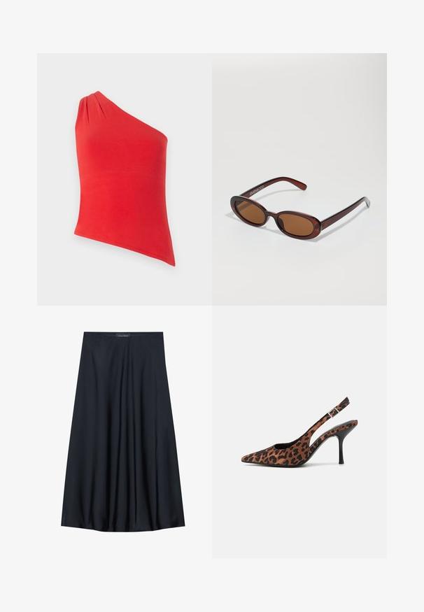 Crvena bluzica s jednim ramenom, izrađena od glatkog materijala. Ima nabor na ramenu. Prikladan kroj s ravnim rubom.; Crna suknja do koljena izrađena od lagane tkanine s lepršavim dizajnom. Ima glatku teksturu i suptilne plisirane detalje.; Slingback visoke potpetice s uzorkom leoparda, šiljatog vrha, crnim sjajnim potpeticom i podesivim remenom oko gležnja. Mekani materijal s teksturiranom završnom obradom.; Okvir okruglih, smeđkastih sunčanih naočala s sjajnim burgundskim okvirom. Uski nositelji s suptilnim brendiranjem. Ravna leća.