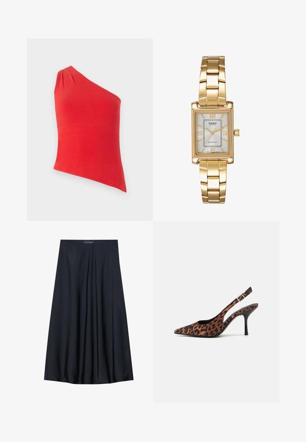 Rde majica z eno naramnico, izdelana iz gladkega materiala. Ima nabrano detajl na naramnici. Oblikovana za prileganje z ravnim robom.; Črna krila do kolen, izdelana iz lahkotnega blaga s sproščenim dizajnom. Ima gladko teksturo in subtilne gube za dodatne podrobnosti.; Slingback visoke pete z leopardjim vzorcem, s koničastim nosom, črnimi sijajnimi petami in prilagodljivo gležno zaponko. Mehki material z teksturiranim zaključkom.; Zlato obarvana pravokotna ročna ura z belo številčnico, srebrnimi kazalci in trdno kovinsko zapestnico. Vključena je vodoodporna funkcija.