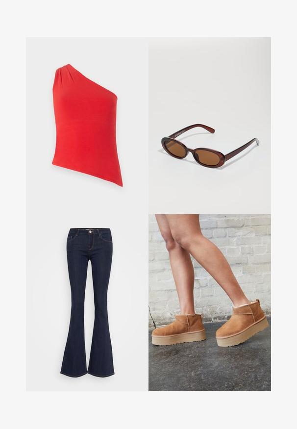 Top rosso a spalla unica realizzato in tessuto morbido. Presenta un dettaglio arricciato sulla spalla. Design aderente con un orlo dritto.; Jeans a campana in denim scuro con vita aderente, caratterizzati da una chiusura frontale con bottone, design a cinque tasche e dettagli di cucitura lungo le gambe.; Stivali alla caviglia in suede marrone con una fodera morbida, suola platform spessa beige e un'asola posteriore. Superficie testurizzata con dettagli di cucitura ben visibili.; Occhiali da sole rotondi con tonalità marrone, montatura lucida color bordeaux. Aste sottili con un sottile dettaglio del marchio. Design delle lenti piatte.