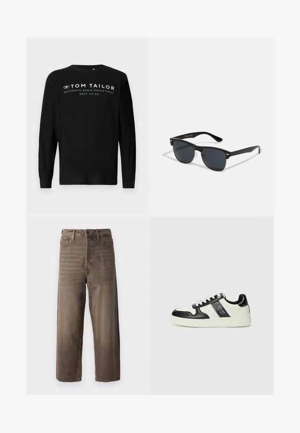 Fekete, hosszú ujjú pamut póló, kerek nyakkivágással, az elején fehér felirattal "TOM TAILOR AUTHENTIC DENIM DEPARTMENT".; Barna, széles lábú farmernadrág, denim anyagból készült. Cipzáras záródás, övbújtatók és öt zseb található rajta. Az anyag megjelenése halvány pattanásos hatású.; Fekete és krém színű bőrsneaker, perforált díszítésekkel, párnázott bokapánttal és texturált talppal.; Fekete napszemüveg, téglalap alakú, sötét lencsékkel, ezüst részletekkel a szárakon, és matt felülettel a kereten.
