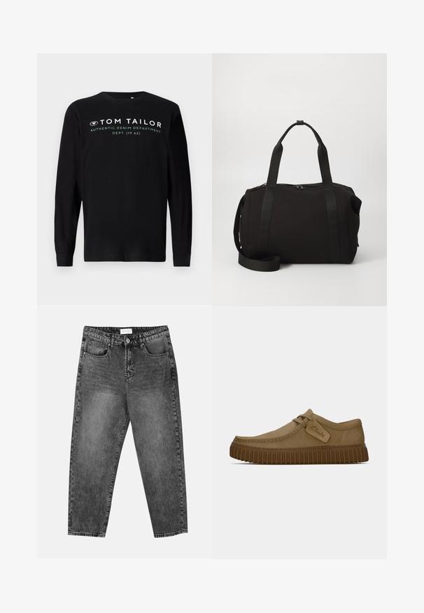Tricou negru cu maneci lungi, din bumbac, cu guler rotund și inscripția albă "TOM TAILOR AUTHENTIC DENIM DEPARTMENT" pe față.; Blugi negri cu croială dreaptă, spălați, cu buzunare frontale și posterioare, curea și un sistem de închidere cu nasture la talie.; Pantofi din suede maro deschis, cu vârful rotund, detalii cusute și talpă din cauciuc maro nervurată. Prezintă un eticheta laterală cu logo-ul "Clarks".; Geantă de tip duffel neagră, cu mânere groase și o curea detașabilă. Fabricată dintr-un material neted, având închidere cu fermoar și un design minimalist.