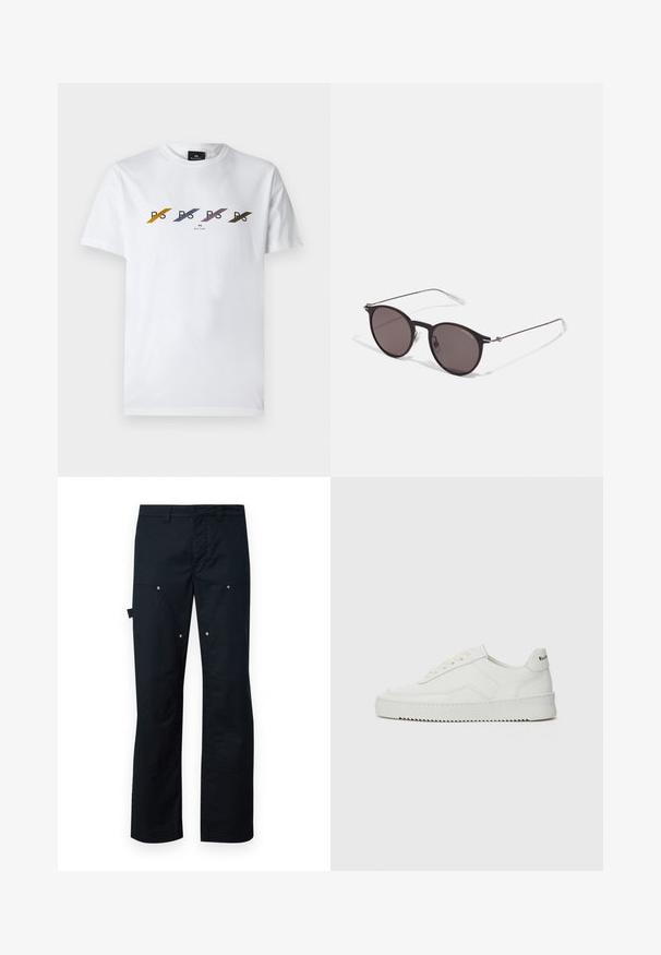 Hvid bomulds T-shirt med et vandret logo-design, der har farverige skråstriber i gul, blå, lilla og grøn.; Sorte cargo bukser lavet af holdbart stof, med lige snit, flere lommer og diskrete sølvfarvede detaljer.; Hvide lædersneakers med en glat overflade, rund tå, flade snørebånd og en tekstureret sål. Har et diskret logo på hælen.; Sorte runde solbriller med mørke linser og slanke metalarme. Inkluderer klare tempeltips og sølvdetaljer ved hængslet. Minimalistisk design.