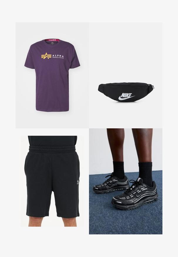 Purpurinė medvilninė marškinėliai su geltonu "A" logotipu ir baltu tekstu "ALPHA INDUSTRIES". Trumpi rankoviai ir apvalus kaklas.; Juodi šortai iš minkštos medžiagos, turintys elastingą juosmenį, šonines kišenes ir mažą logotipą apatiniame šone.; Juodi Nike batai turi orui pralaidžią viršutinę dalį su akcento juostelėmis, tekstūruotais raišteliais ir juodu guminio pado. Dėvimi su juodais šonkauliniais sokais.; Juodas nertinis fanny pack'as su užtrauktuku, su dideliu baltu "Nike" logotipu. Lygus paviršius ir ergonomiškas dizainas patogiam nešimui.