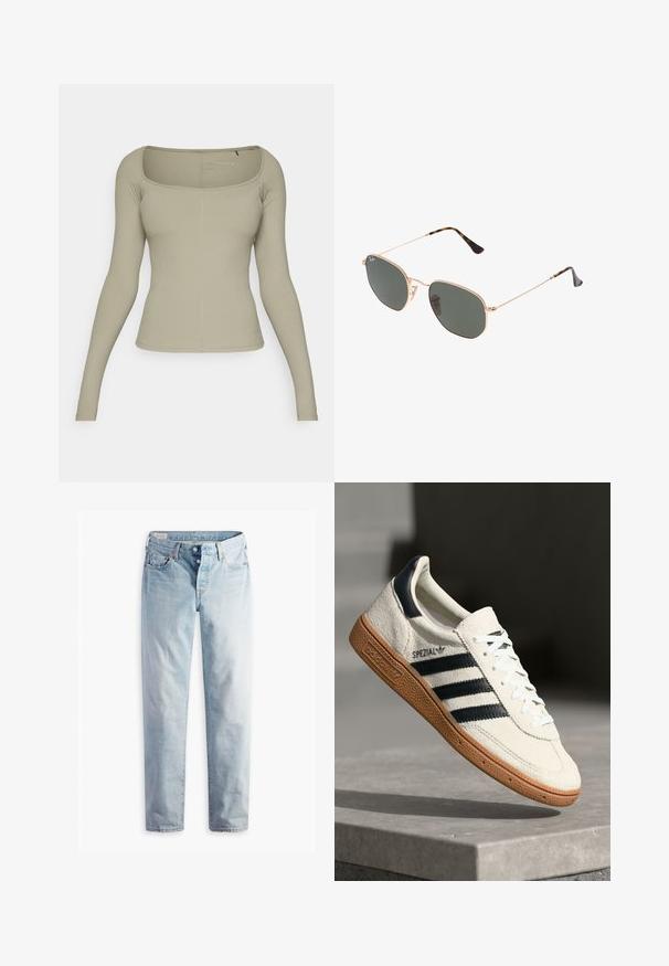 Hosszú ujjú bézs blúz négyzet alakú nyakkivágással, bordázott textúrával és testhezálló fazonnal. Minimális varrás és egy kis márkajelzés található az alján.; Világoskék farmernadrág, egyenes szárú fazonnal, két elülső és két hátsó zsebbel. Két gombos zipzárral és diszkrét varrással rendelkezik.; Fehér velúr sneaker tengerészkék csíkokkal, gumitalppal, textúrált felső résszel, kerek orral és fűzős kialakítással; a cipő oldalán és a nyelvén logó található.; Arany fémkeretes napszemüveg sötétzöld lencsékkel, pilóta stílusban, vékony karokkal és teknősbékás díszítéssel a végeken.