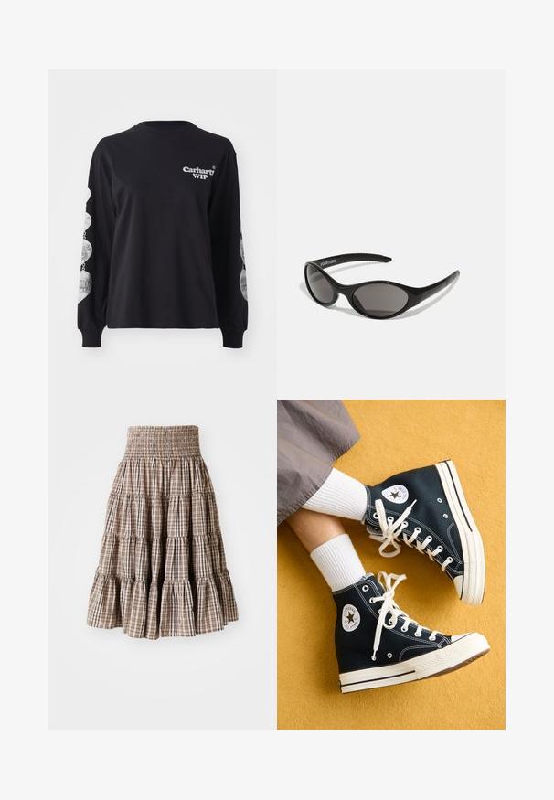 Sort langærmet T-shirt lavet af bomuld, med 'Carhartt WIP' logoet på forsiden og grafiske prints langs ærmerne.; Lagdelte, smockede nederdel i et beige og brunt ternet mønster. Har en flagrende silhuet og tekstureret stof.; Sorte høje kanvas sneakers med hvide snørebånd og gummisåler, med et rundt Converse All Star-logo på den ydre side.; Sorte solbriller med oval form og mørke linser. Strømlinet plastisk stel med teksturerede detaljer på stængerne. Branding på siden.