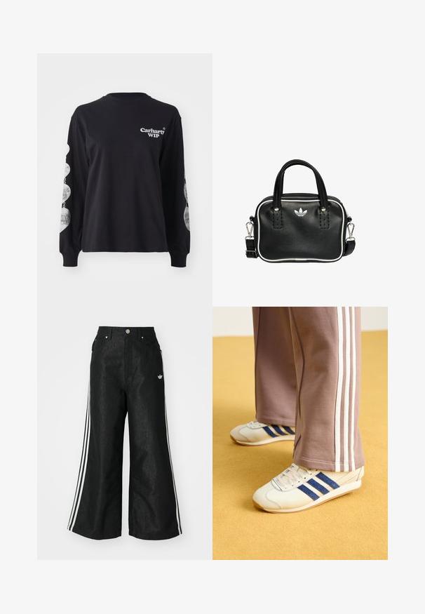Černé tričko s dlouhým rukávem vyrobené z bavlny, s logem "Carhartt WIP" na přední straně a grafickými potisky na rukávech.; Černé široké džíny s třemi bílými pruhy po stranách a malým bílým logem. Obsahují přední kapsy a zapínání na knoflík.; Krémové tenisky s modrými semišovými pruhy, bílými tkaničkami a gumovou podrážkou. Spárovány se šedými tepláky s bílými bočními pruhy.; Černá kožená kabelka se dvěma krátkými uchy, stříbrným kováním, bílými detaily a bílým logem. Má texturovaný povrch a kompaktní design.