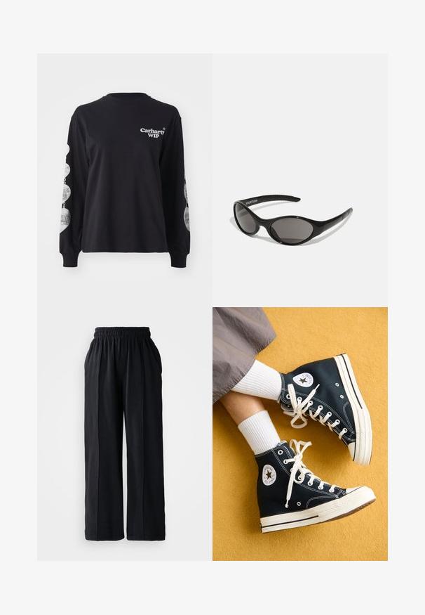 Črna majica z dolgimi rokavi iz bombaža, s logotipom "Carhartt WIP" spredaj in grafičnimi tiskami vzdolž rokavov.; Črne široke hlače z elastiko v pasu, narejene iz mehkega materiala, z gladko teksturo in čistimi oblikovalskimi linijami.; Črne visokotopne platnene teniske z belimi vezalkami in gumijastimi podplati, ki imajo okroglo Converse All Star oznako na zunanji strani.; Črne sončna očala ovalne oblike s temnimi lečami. Eleganten plastični okvir z teksturiranimi poudarki na ročajih. Blagovna znamka na strani.