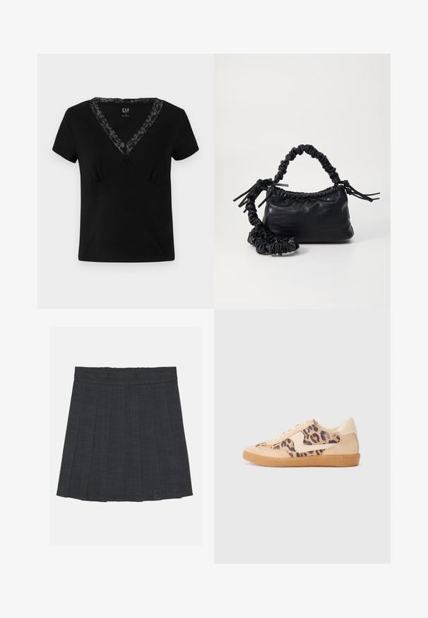 T-shirt nero a maniche corte con scollo a V in cotone, caratterizzato da un dettaglio in pizzo lungo il collo e una silhouette aderente.; Gonna a pieghe grigio scuro con vita elastica, caratterizzata da un tessuto testurizzato e da una classica silhouette a trapezio. Adatta per un abbigliamento casual.; Sneakers in stampa leopardata con parte superiore in suede beige, suola in gomma color caramello e dettagli bianchi. Punta rotonda e design con lacci, con una finitura testurizzata.; Borsa a tracolla in ecopelle nera con texture a coccodrillo, apertura cinchata e tracolla arricciata. Si presenta con un design morbido e compatto.
