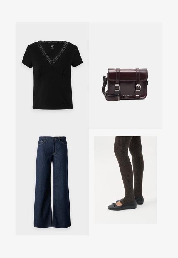 Lyhythihainen musta V-kaula-aukkoinen T-paita, joka on valmistettu puuvillasta ja jossa on pitsiä kaula-aukossa sekä vartalonmyötäinen leikkaus.; Suorat lahkeet farkut tummansinisestä denimmistä. Ominaisuuksiin kuuluvat kontrastiväriset ompeleet, viisi taskua ja nappisuljenta vyötäröllä. Sileä pinta.; Mustat matalat kengät, joissa on pieni nauha varpaissa, yhdistettynä tummanruskeisiin ribattuisiin sukkahousuihin. Kengissä on sileä pinta ja matala profiili.; Burgundin värinen lakattu nahkainen olkapussukka, jossa on suorakulmainen muoto, kaksi hihnaa, hopeiset yksityiskohdat ja läppäkiinnitys.