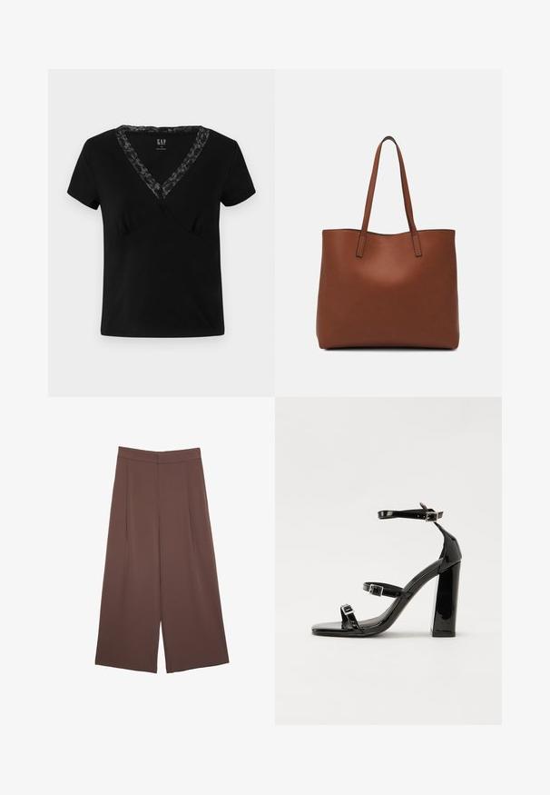 Schwarzes kurzärmeliges V-Ausschnitt-T-Shirt aus Baumwolle mit einer Spitzenakzent entlang des Ausschnitts und einer taillierten Silhouette.; Braune Weite-Leg-Hosen mit einer glatten Textur, hoher Taille und Vorderfalten. Der Stoff ist leicht und fällt locker.; Schwarze patentierte Sandalen mit Absatz, quadratischer Spitze, Knöchelriemen und silbernen Schnallen. Mit einem stabilen Blockabsatz für mehr Stabilität.; Braune Leder-Tote mit glatter Textur, offenem Oberteil und zwei Schulterriemen. Verfügt über minimale Nähte und keine sichtbaren Beschläge.