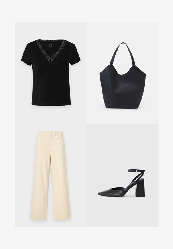 Tricou negru cu maneci scurte și gât în formă de V, realizat din bumbac, având un accent de dantelă pe decolteu și o silueta ajustată.; Blugi bej cu croi larg, din bumbac. Au închidere cu nasture, bucle pentru curea și buzunare frontale, cu o textură netedă și moale.; Pantofii cu toc ascuțit din piele neagră, cu breteaua pentru glezne și toc gros. Textură netedă, design elegant și estetică minimală.; Geantă de umăr neagră, realizată din piele netedă, cu un design minimalist, având un vârf deschis curbat și două mânere pentru umăr.