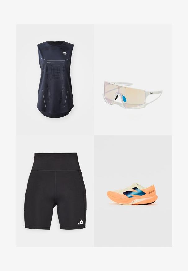 Sleeveless athletic top in navy blue fabric. Features mesh perforations and white accent lines. Curved hem and a logo at the chest. Size: Small.; Black athletic shorts made of stretchy fabric. High waistband, mid-thigh length, with white three-stripe logo on the lower left side.; Running shoe with a lightweight cream upper, blue branding, and orange accents on the sole. Mesh texture for breathability.; White-framed sunglasses with large, gradient lenses featuring a pink to light orange tint, accentuated by a blue nose piece and logo detail.