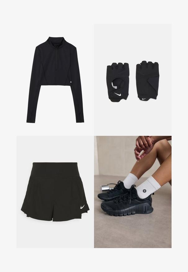 Schwarzes, kurzes Langarmoberteil mit hohem Kragen, ausgestattet mit einem Viertelreißverschluss und gesteppten Details entlang der Ärmel und dem Saum.; Schwarze Sportshorts mit weitem Bund, Falten-Details, geschwungenem Saum und weißem Nike-Logo auf der unteren rechten Seite.; Schwarze Sportschuhe aus strukturiertem Stoff, mit Schnürdesign und auffälliger Sohle, kombiniert mit weißen gerippten Socken, die ein kleines Logo tragen.; Schwarze fingerlose Handschuhe aus dehnbarem Material, mit einem offenen Handdesign, Griffakzenten und dem weißen Nike-Logo.
