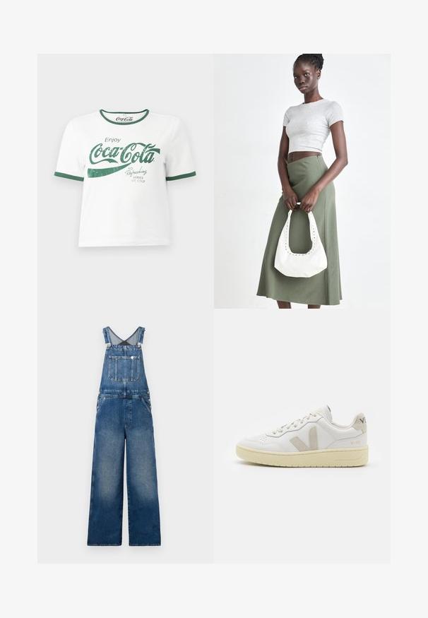Biała bawełniana koszulka z zielonym dekoltem i mankietami, z wyblakłym napisem Coca-Cola w kolorze zielonym.; Dżinsowe ogrodniczki z szerokimi nogawkami, regulowanymi ramiączkami, przednią kieszenią i guzikami po bokach. Ciemnoniebieskie z wyblakłymi akcentami.; Białe skórzane trampki z beżowymi zamszowymi akcentami, perforowanym noskiem, płaskimi sznurowadłami i teksturowaną kremową podeszwą. Posiadają subtelne logo na pięcie.; Szary prążkowany crop top i oliwkowa spódnica o wysokim stanie. Modelka trzyma białą torebkę na ramię z wycięciami. Prosty design, dopasowany krój.