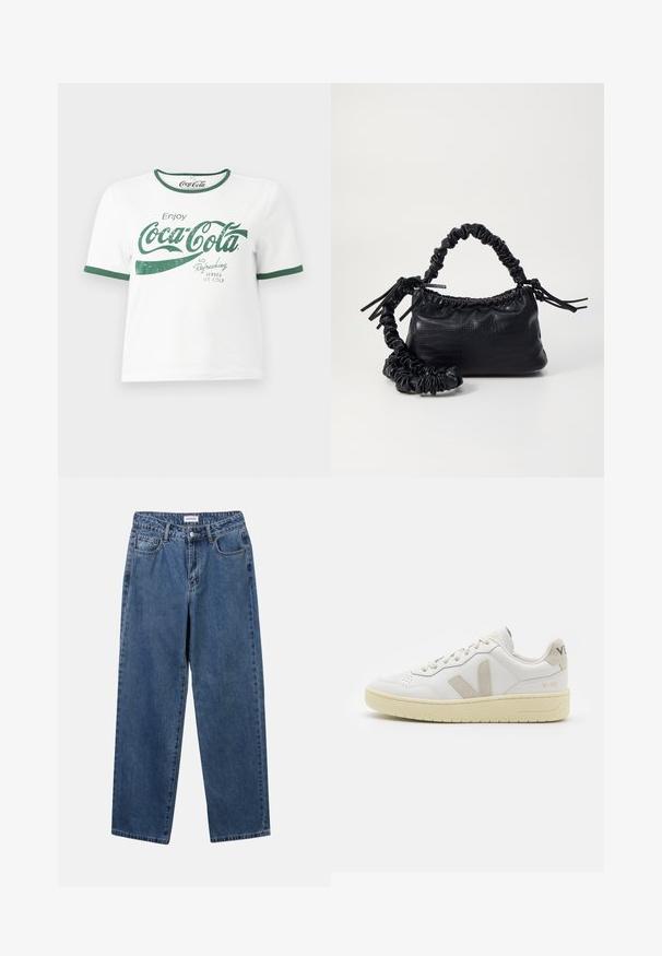 White cotton t-shirt with green ringer neckline and sleeve cuffs, featuring a distressed Coca-Cola graphic text in green.; Classic blue denim jeans with a straight-leg design, five pockets, and a button closure. Features a medium wash and sturdy texture.; White leather sneaker with beige suede accents, perforated toe box, flat laces, and a textured cream sole. Features subtle branding on heel.; Black faux leather handbag with a crocodile texture, cinched top, and a scrunched strap. Appears soft and compact in design.