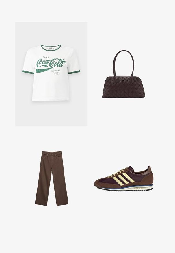 Hvid bomulds-t-shirt med grøn ringer halsudskæring og ærmeafslutninger, med en slidteknik Coca-Cola grafisk tekst i grøn.; Bredde ben brun denim jeans med høj talje, forlommer og klassisk knaplukning. Glat tekstur med diskret syninger.; Brune og bordeaux sneakers lavet af ruskind og mesh-materialer, med tre cremefarvede striber, tekstureret stof på tungen, og en gummisål.; Vævet brun lædertaske med rund form, dobbelt top håndtag og glat tekstur; har diskret syning som designdetalje.