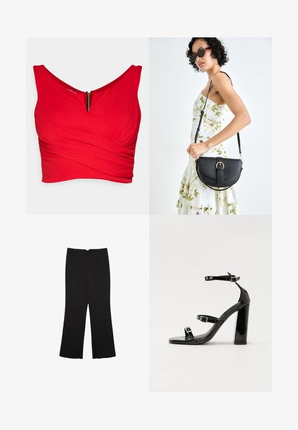 Crvena kratka majica od glatkog materijala s dubokim V-izrezom, koja ima dijagonalni omotač i vidljivi zlatni zatvarač sprijeda.; Crne hlače ravnog kroja, s prednjim džepovima i bočnim prorezima na rubu. Izrađene od mekog i glatkog materijala. Pogodne za razne prigode.; Crne lakirane sandale na pete sa kvadratnim nosom, trakama oko gležnja i srebrnim kopčama. Imaju čvrst blok petu za stabilnost.; Crna kožna torba s lukovitim oblikom, odvojivim remenom i zlatnim detaljima. Torba ima preklop s kopčom.