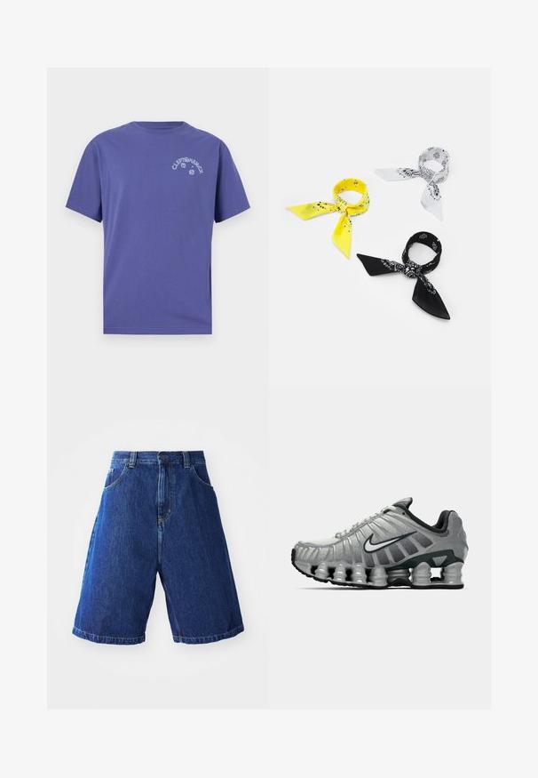Lilla bomull t-skjorte med korte ermer, rund hals og et hvitt grafisk trykk med "CLEPTOMANICX" og ikoner på forsiden.; Denimshorts med blå vask, med høy midje, to frontlommer og gult stikningsdetaljer langs sømmene.; Grå og svart Nike løpesko med synlig fjærlignende demping under sålen og en hvit swoosh-logo på siden.; Tre båndanaer: en gul med svarte mønstre, en hvit med svarte design, og en svart med hvite grafikker. Alle er kvadratiske, lettvektige stoffer.