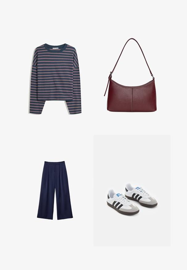 Granatowa bluzka z długim rękawem w białe i różowe poziome paski; okrągły dekolt; luźny krój; miękki materiał; rozcięcia po bokach u dołu dla większej swobody ruchów.; Granatowe spodnie typu wide-leg z plisami, zapinane w pasie na guziki, z szlufkami na pasek, pokazane na płasko na białym tle.; Buty sportowe z białą skórzaną cholewką, szarym zamszowym noskiem i trzema czarnymi paskami. Posiadają niebieskie logo na języku oraz teksturowaną gumową podeszwę.; Bordowa torebka skórzana o zaokrąglonym kształcie, z jednym paskiem na ramię i przeszyciami w centrum. Gładka faktura, minimalna ilość elementów metalowych.