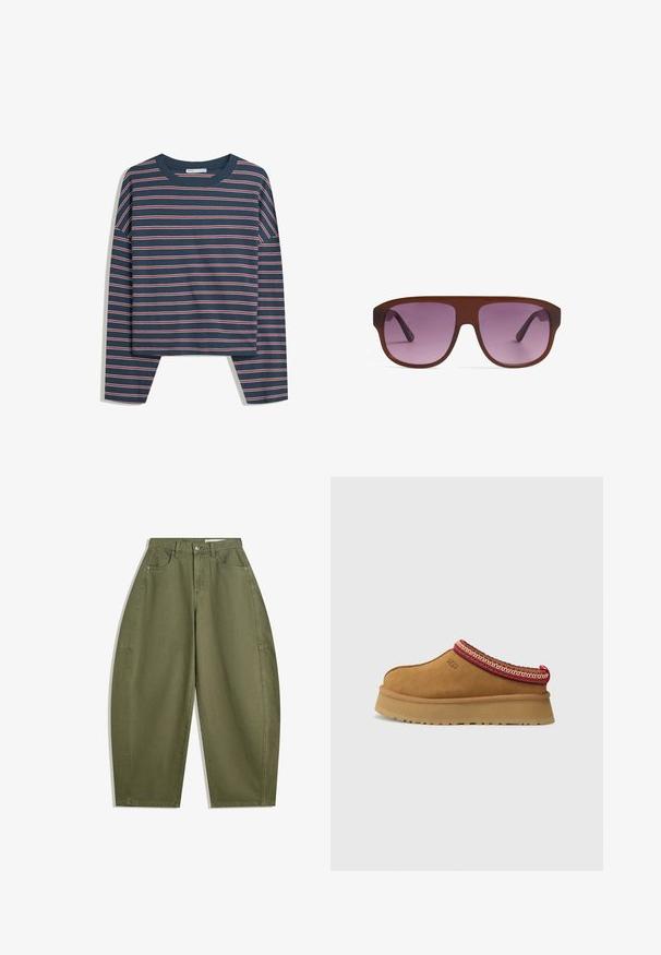 Marineblaues Langarmoberteil mit weißen und rosa horizontalen Streifen; Rundhalsausschnitt; lockere Passform; weicher Stoff; seitliche Schlitze am Saum für mehr Bewegungsfreiheit.; Olivgrüne weite Hose aus Baumwolle mit hoher Taille, Fronttaschen und glatter Textur. Keine Verzierungen oder Muster.; Braune Wildleder-Slipper mit rot-creamfarbenem gemusterten Besatz, strukturiertem Absatz und UGG-Logo an der Seite. Verfügt über eine leichte Plattformhöhe.; Braune Sonnenbrille mit großen rechteckigen Fassungen und Verlaufslinsen in Lila. Die Bügel sind schlank und setzen die Farbe des Rahmens fort.; Dunkelbraune Wildleder-Hobo-Schultertasche mit breitem, verstellbarem Ledertragegurt und weichem, lässigem Körper vor weißem Hintergrund.
