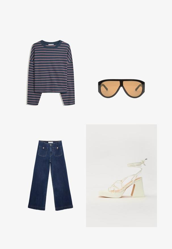 Námořnický dlouhý rukáv s bílými a růžovými vodorovnými pruhy; kulatý výstřih; volný střih; měkká látka; boční rozparky na lemu pro snadný pohyb.; Tmavě modré široké džíny z denimu, s dvěma předními kapsami se dekorativními knoflíky a rovně střiženým lemem.; Bílé sandály na vysokém podpatku s robustním podpatkem, s designem s pásky a zavazováním kolem kotníku. Hladký povrch s platformou vpředu pro zvýšení výšky.; Černé oversized sluneční brýle s hnědými skly, které mají široké, úhlové rámy a rovné nožičky. Hladký lesklý povrch, minimální hardware.