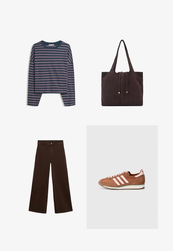 Námořnický dlouhý rukáv s bílými a růžovými vodorovnými pruhy; kulatý výstřih; volný střih; měkká látka; boční rozparky na lemu pro snadný pohyb.; Hnědé kalhoty širokého střihu z bavlněné směsi, s třepicí na lemu, předním zapínáním na knoflík a klasickým designem pěti kapes. Minimalistické a univerzální.; Hnědý a růžový teniska Adidas s semišovými detaily, třemi růžovými pruhy na boku a bílou podrážkou se zeleným akcentem.; Mango Velká kabelka - dark brown