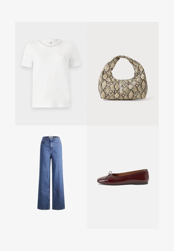 Fehér, rövid ujjú póló, kerek nyakkivágással, díszes gyöngyös gallérral. Simább, puha anyagból készült.; Világoskék, széles szárú farmernadrág magas derékkal, két elülső zsebbel és látható varrással. Gombos és cipzáros záródás.; Burgundi lakkbőr balettcipő kerek orral, elöl kis masni díszítéssel és alacsony, fekete gumi talppal. Simára csiszolt felület.; Kígyómintás kézitáska ívelt fogantyúval. Texturált, bézs és barna anyagból készült, jellegzetes gyémántmintával.