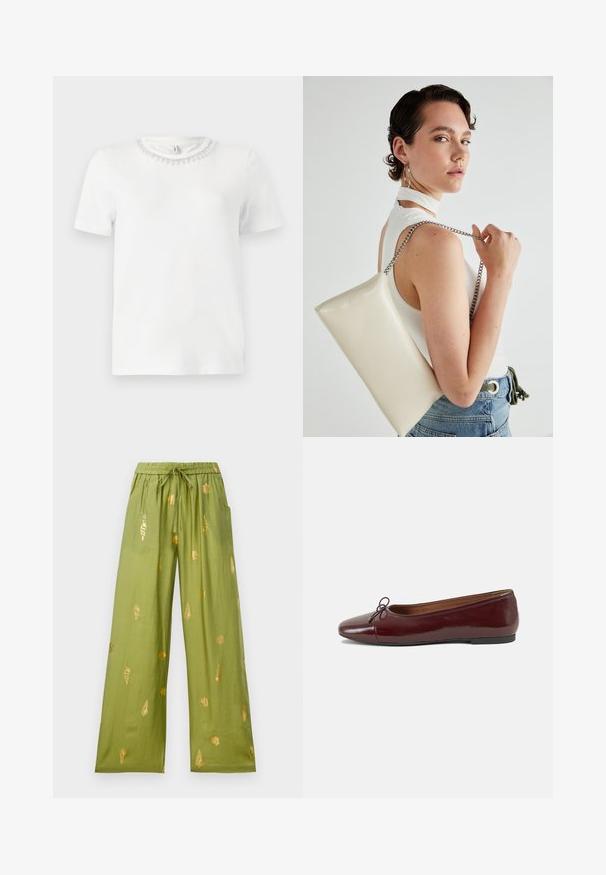 Weißes Kurzarm-T-Shirt mit Rundhalsausschnitt, verziert mit einem dekorativen Perlenkragen. Aus glattem, weichem Stoff gefertigt.; Weite olivgrüne Hosen mit elastischem Bund und Kordelzug, verziert mit goldenen Muschel- und Wurmschalenmustern.; Burgunderfarbenes, lackiertes Ballettschuh mit abgerundetem Zehenbereich, kleiner Schleifenakzent vorne und einer niedrigen, schwarzen Gummisohle. Glatte Textur.; Weiße rechteckige Clutch aus glänzendem Material mit einem silbernen Kettenriemen. Das Model posiert und präsentiert die Tasche vor einem schlichten Hintergrund.