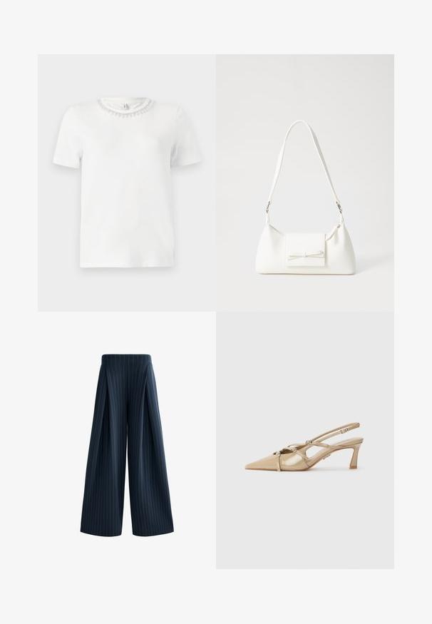 Valkoinen lyhythihainen t-paita, jossa on pyöreä pääntie ja koristeellinen helmikaulus. Valmistettu sileästä, pehmeästä kankaasta.; Tummansininen leveälahkeinen housu valkoisilla pystyraitoilla, jossa on tasainen vyötärö ja laskoskohtia lisätilavuuden ja liikkeen vuoksi.; Beige lakkapintaiset slingback-korkokengät, joissa on teräväkärkinen muotoilu, säädettävät hihnat ja 6 cm:n lohkokorko. Sisältää koristeellisia hopeisia yksityiskohtia.; Valkoinen synteettinen käsilaukku, jossa on kolmikulmainen muoto, tasainen etu läppä ja nauhadetail, säädettävä olkahihna, sileä rakenne ja minimalinen muotoilu.