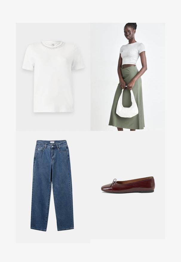 White short-sleeve t-shirt with a round neckline, featuring a decorative beaded collar. Made from smooth, soft fabric.; Classic blue denim jeans with a straight-leg design, five pockets, and a button closure. Features a medium wash and sturdy texture.; Burgundy patent leather ballet flat with a rounded toe, small bow accent at the front, and a low, black rubber sole. Smooth texture.; Gray ribbed crop top and olive green high-waisted skirt. Model holds a white shoulder bag with cut-out detailing. Simple design, fitted silhouette.