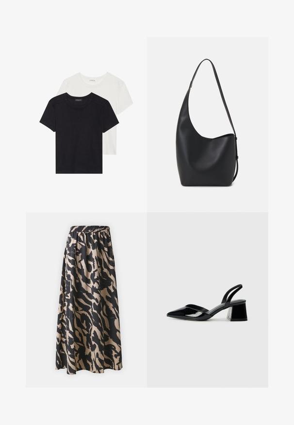 Twee T-shirts met korte mouwen in zwart en wit. Gemaakt van zacht katoen, met een ronde halslijn en een standaard pasvorm, met minimale stikdetails.; Zwarte en beige lange rok met een elastische tailleband, voorzien van een abstract dierenprintpatroon en een vloeiende silhouet.; Zwarte gepatineerde leren slingback hakken met een spitse neus en een geometrische blokhak. Kenmerkt zich door een slank, minimalistisch ontwerp en een gladde textuur.; Zwarte leren hobo tas met een gladde textuur, kromme vorm en een enkele verstelbare schouderband; heeft een brede opening aan de bovenkant.