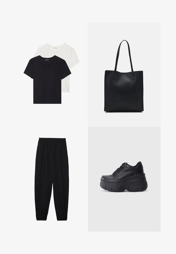 Twee T-shirts met korte mouwen in zwart en wit. Gemaakt van zacht katoen, met een ronde halslijn en een standaard pasvorm, met minimale stikdetails.; Zwarte, lichte broek met een elastische tailleband en gathered enkels. De stof is glad en heeft een ontspannen, taps toelopend ontwerp.; Zwarte vetersneakers met een dikke zool, voorzien van een bovenwerk van soepel leer, een ronde neus en een herkenbaar gelaagd platformontwerp.; Zwarte leren handtas met een gladde textuur, rechthoekige vorm en twee lange handvaten. Geen zichtbare hardware of versieringen.