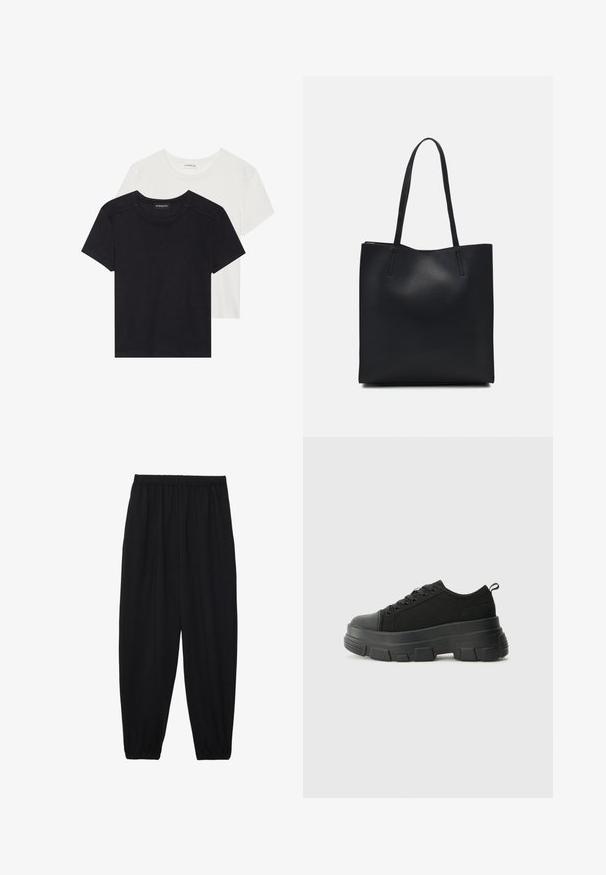 Két rövid ujjú póló fekete és fehér színben. Puha pamutból készült, kerek nyakkivágással és szabványos illeszkedéssel, minimális varrási részletekkel.; Fekete, könnyű nadrág elasztikus derékkal és ráncolt bokákkal. Az anyag sima és laza, szűkített dizájnnal rendelkezik.; Fekete sportcipők vastag gumitalppal, texturált szövet felsőrésszel, kerek orral és fűzős kialakítással. Megerősített fűzőlyukakkal és hátsó húzófüllel rendelkezik.; Fekete bőrtáska sima felszínnel, téglalap alakú, két hosszú füllel. Nincs látható fémkiegészítő vagy díszítés.