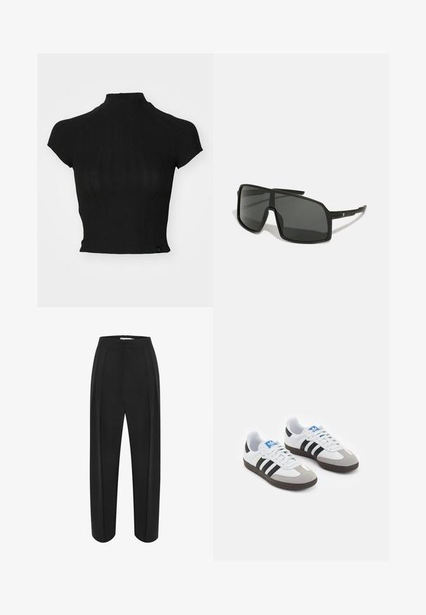Zwarte cropped top van ribgebreide stof, met een hoge hals, korte kapmouwen en een klein merkembleem onderaan links.; Zwarte wijde broek met hoge taille, met een soepele textuur en twee plooien aan de voorkant. Ontworpen met een strakke, op maat gemaakte uitstraling.; Sportschoenen met een witte leren bovenkant, grijze suède neus en drie zwarte strepen. Bevat een blauw logo op de tong en een gestructureerde rubberen zool.; Zwarte zonnebril met een groot, hoekig montuur, donkere glazen en dunne, slanke armen met een klein logo aan één kant.
