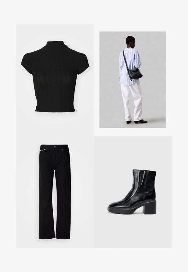 Čierny skrátený top vyrobený z rebrovanej pleteniny, s vysokým golierom, krátkymi zakrytými rukávmi a malou značkovou nášivkou na dolnom ľavom okraji.; Čierne rovné džínsy s piatimi vreckami, striebornými nitmi a zapínaním na gombík. Tkanina má hladký, jemne textúrovaný povrch.; Čierne lakované členkové topánky s zakrivenou špičkou, elastickými bočnými panelmi a masívnym blokovým opätkom. S embosovaným logom na zadnej strane.; Čierna kožená ramenná taška so mäkkou textúrou, trojuholníkovým tvarom a nastaviteľným popruhom, skombinovaná s svetlomodrou pruhovanou košeľou a bielymi nohavicami.
