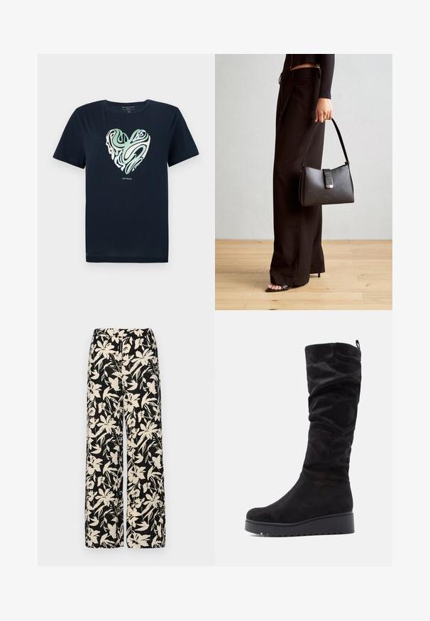 Tume sinine puuvillane T-särk roheliste ja kreemjate keerduvate mustritega südametuksega. Ümar kaelus, lühikesed varrukad ja sirge alumine serv.; Mustad laiad püksid kreemja lillemustriga. Valmistatud kergest kangast, millel on sile tekstuur ja kõrge vöökoht.; Mustad nubukist knee-high saapad laia ja ümarate varvastega, mis on lükatud üles ja millel on paks platvormitajumine soontega.; Must musta kott, millel on struktureeritud kuju, sile tekstuur ja metallist klamber. Kombineeritud laiate mustade pükstega ja avatud varvaste sandaalidega puidust põrandal.