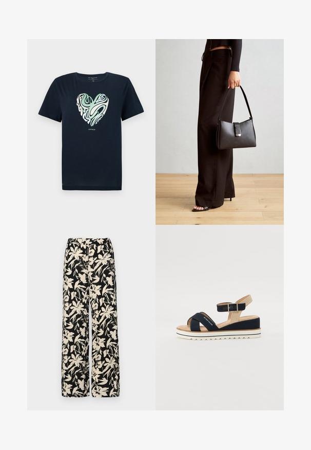 Navy blue cotton T-shirt with a heart-shaped graphic in green and cream swirl patterns. Crew neck, short sleeves, and a straight hem.; Black wide-leg pants with a cream floral pattern. Made of lightweight fabric, featuring a smooth texture and a high waistband.; Navy blue sandal with two fabric straps, adjustable ankle strap, and textured beige back. Thick, white, scalloped sole. Brand printed on strap.; Black handbag with structured shape, smooth texture, and a metallic clasp. Paired with wide black pants and open-toe sandals on wooden floor.