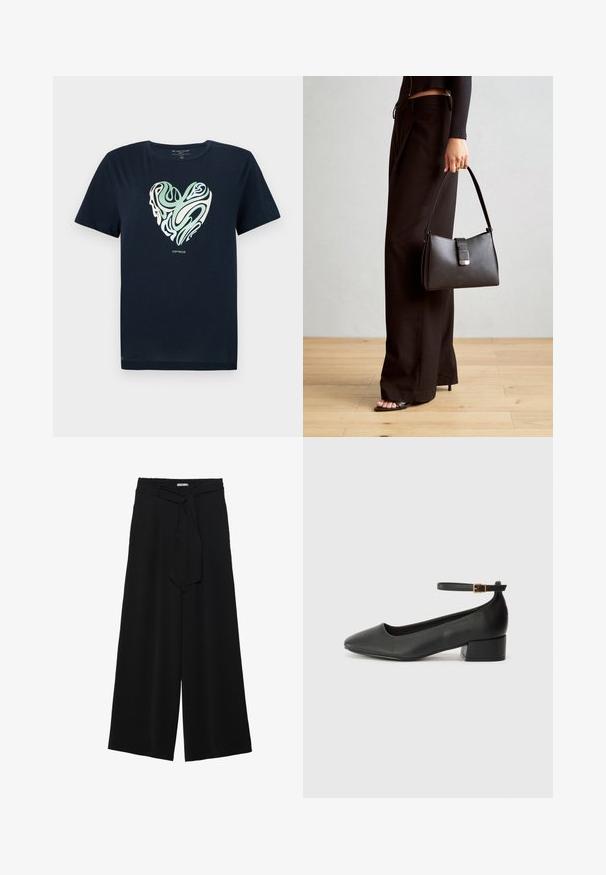 Námořnická modrá bavlněná tričko s grafickým vzorem ve tvaru srdce v zelených a krémových vířivých vzorech. Kulatý výstřih, krátké rukávy a rovný lem.; Černé kalhoty s širokými nohavicemi, vyrobené z texturované tkaniny, s elastickým pasem a odnímatelným páskem na úpravu velikosti.; Černé kožené lodičky s špičatou špičkou a nízkým blokovým podpatkem. Obsahují pásek kolem kotníku se zlatou sponou. Hladký povrch.; Černá kabelka se strukturovaným tvarem, hladkým povrchem a kovovým uzávěrem. Kombinována s širokými černými kalhotami a sandály s otevřenou špičkou na dřevěné podlaze.