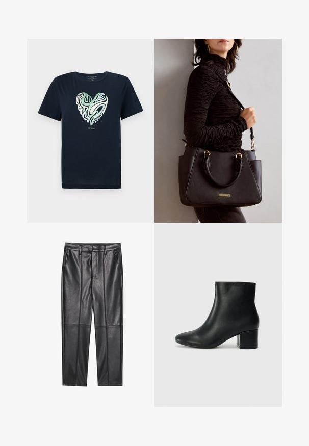Námornícky modré bavlnené tričko s grafickým motívom vo forme srdca v zelených a smotanových víroch. Okrúhly výstrih, krátke rukávy a rovný lem.; Čierne kožené nohavice s hladkou textúrou, rovného strihu, s dvoma prednými vreckami a viditeľným švom.; Čierne kožené členkové čižmy s špicatou špičkou a hrubým podpätkom. Hladká textúra s minimálnymi akcentmi a elegantným, priliehavým dizajnom.; Čierna kabelka s textúrovaným povrchom, dvojitými hornými rúčkami a nastaviteľným ramenným popruhom. Obsahuje zlaté kovanie a bočné vrecká.