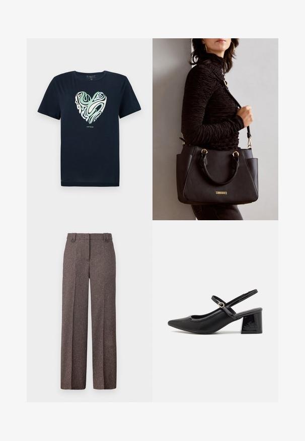 Navy blue cotton T-shirt with a heart-shaped graphic in green and cream swirl patterns. Crew neck, short sleeves, and a straight hem.; Brown wide-leg trousers made from textured fabric. Features two front pockets and a tailored fit with two buttons at the waistband.; Black patent leather slingback heels with a pointed toe, a rounded cutout design, and a block heel. Features a gold-tone buckle accent.; Black handbag with textured surface, dual top handles, and adjustable shoulder strap. Features gold-tone hardware and side pockets.
